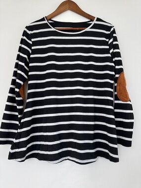 Black & White Striped Elbow Patch Long-Sleeve Top